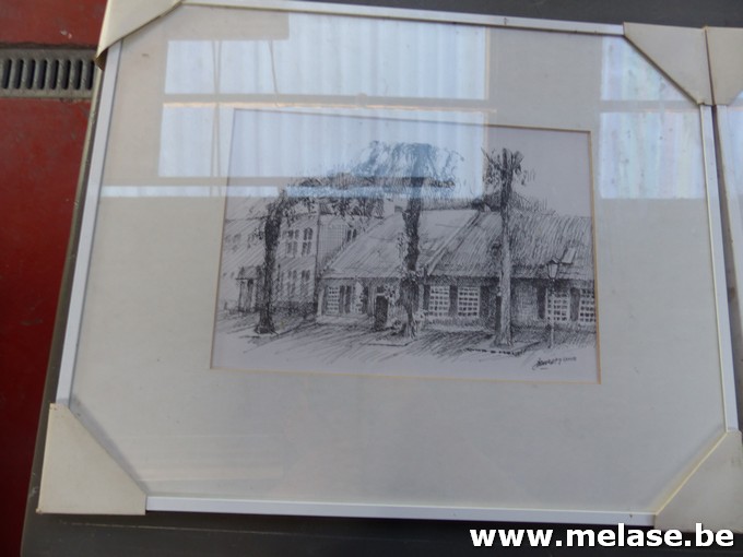Pentekening achter glas "Hoeve met bomen"
