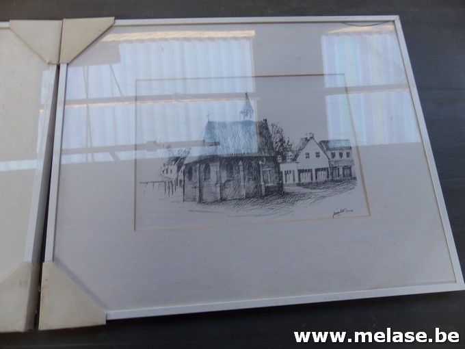 Pentekening achter glas "kapel"