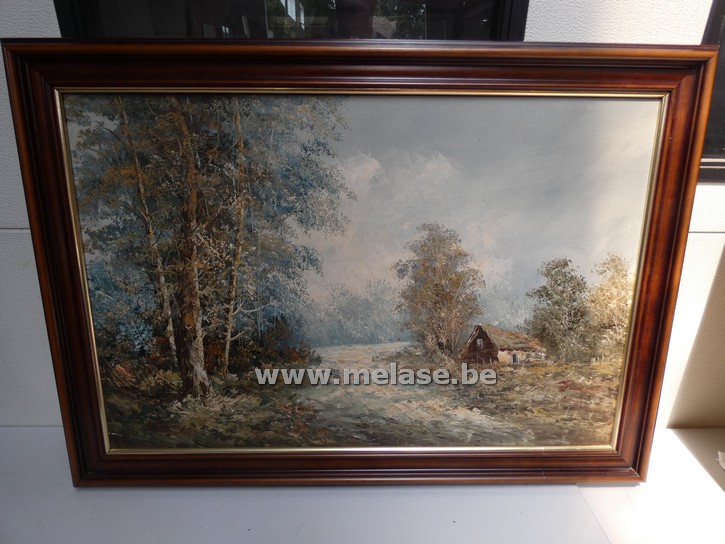 Schilderij in kader "Hoeve aan rivier"
