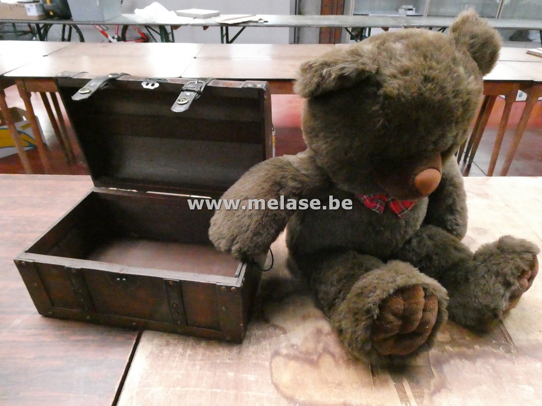 Houten koffertje + grote bruine beer